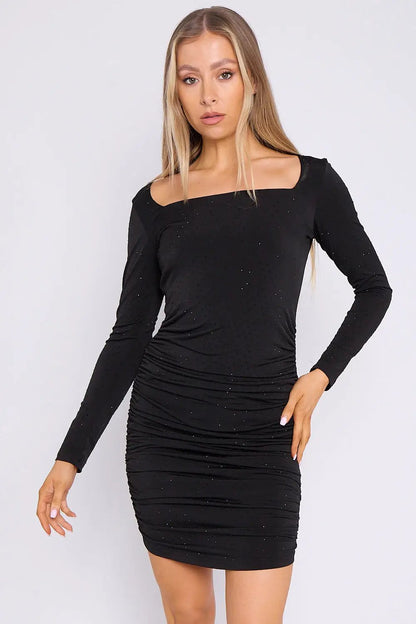 Black Diamante Ruched Mini Dress with Long Sleeves by Aftershock London