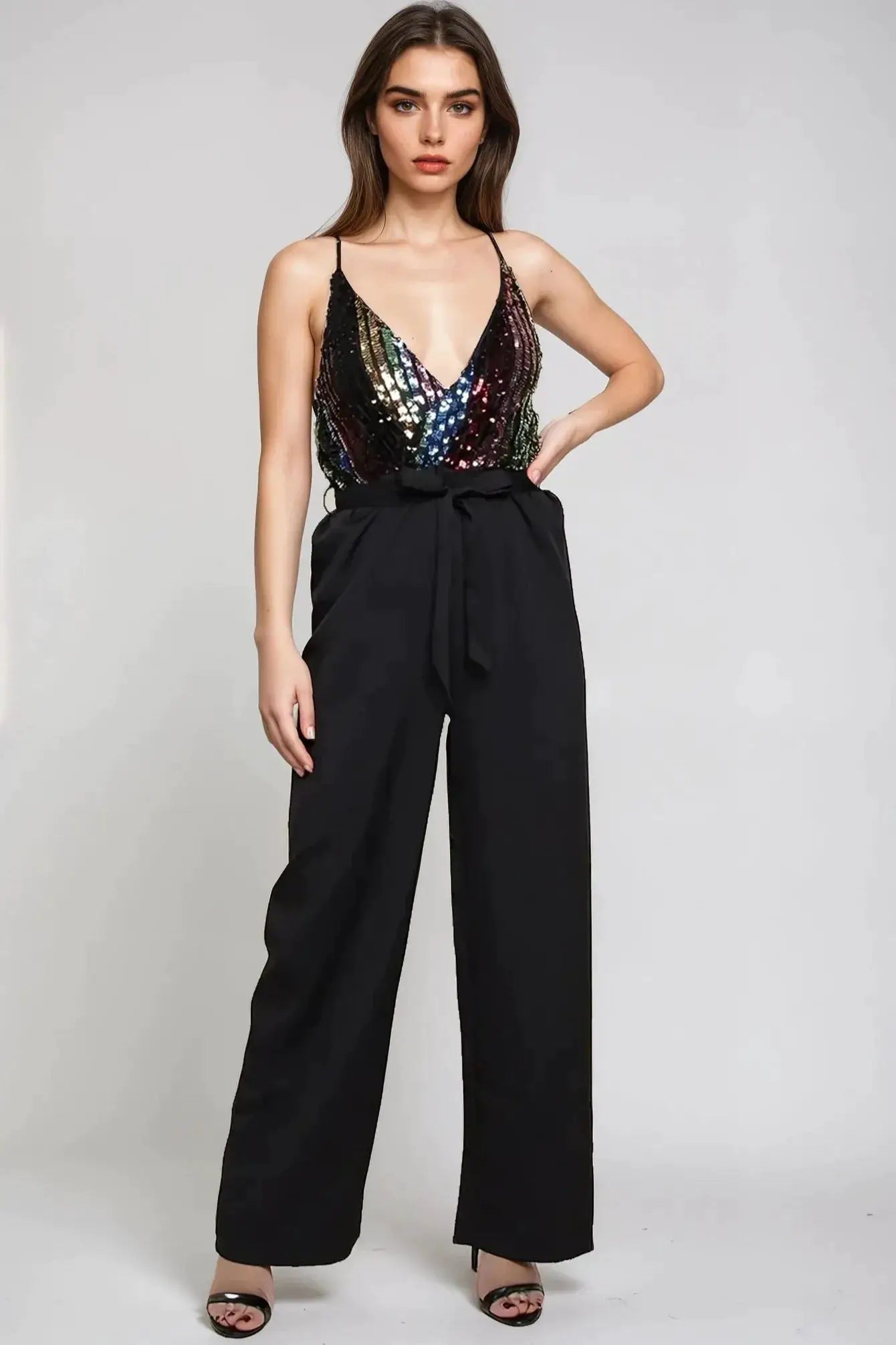 Black Combined Sequin Jumpsuit by Aftershock London