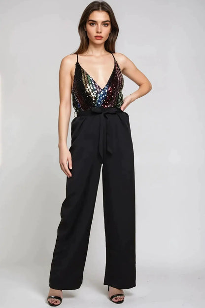 Black Combined Sequin Jumpsuit by Aftershock London
