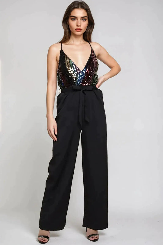 Black Combined Sequin Jumpsuit by Aftershock London