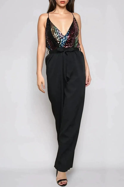 Black Combined Sequin Jumpsuit by Aftershock London
