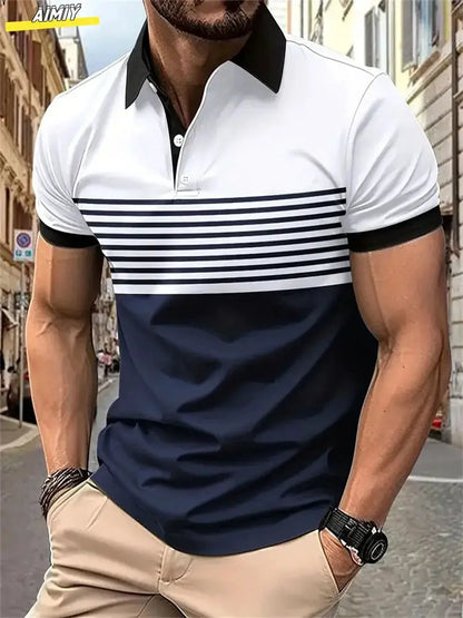 New Male Golf Stripe Polo Men's Casual Short-Sleeved Polo Shirt Solid Color Lapel Fashion Business Sports Breathable T-Shirt Top by All Mart Bristol Ltd