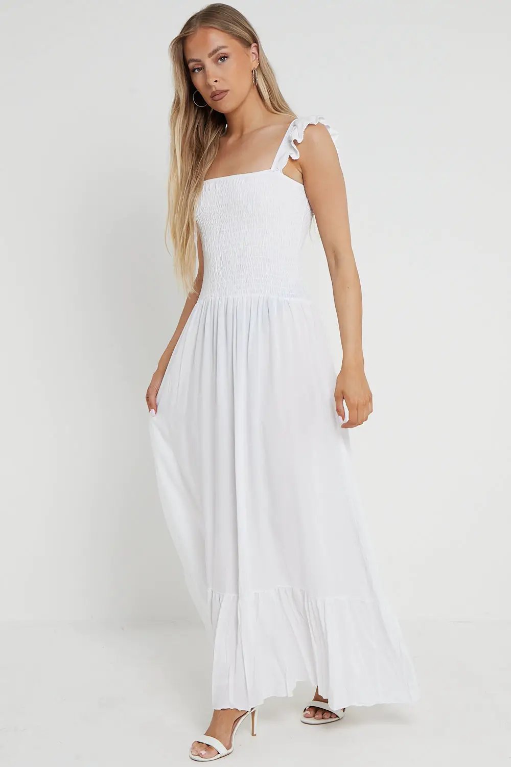 White Shirred Maxi Dress With Frill by Aftershock London