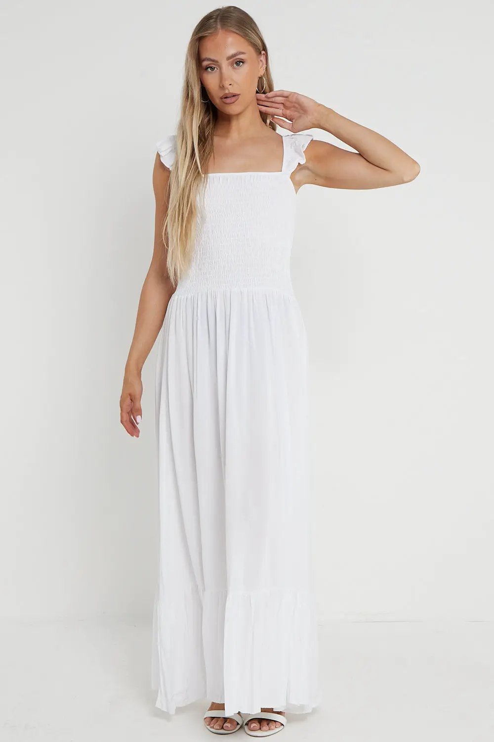 White Shirred Maxi Dress With Frill by Aftershock London