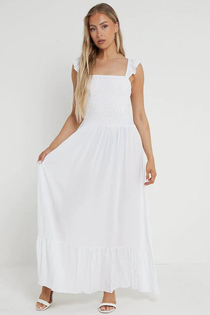 White Shirred Maxi Dress With Frill by Aftershock London