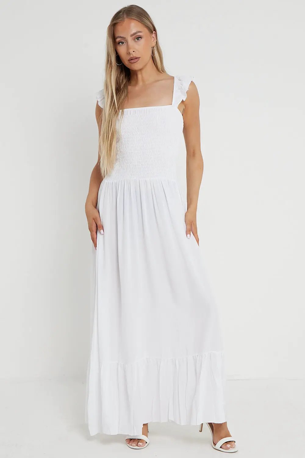 White Shirred Maxi Dress With Frill by Aftershock London
