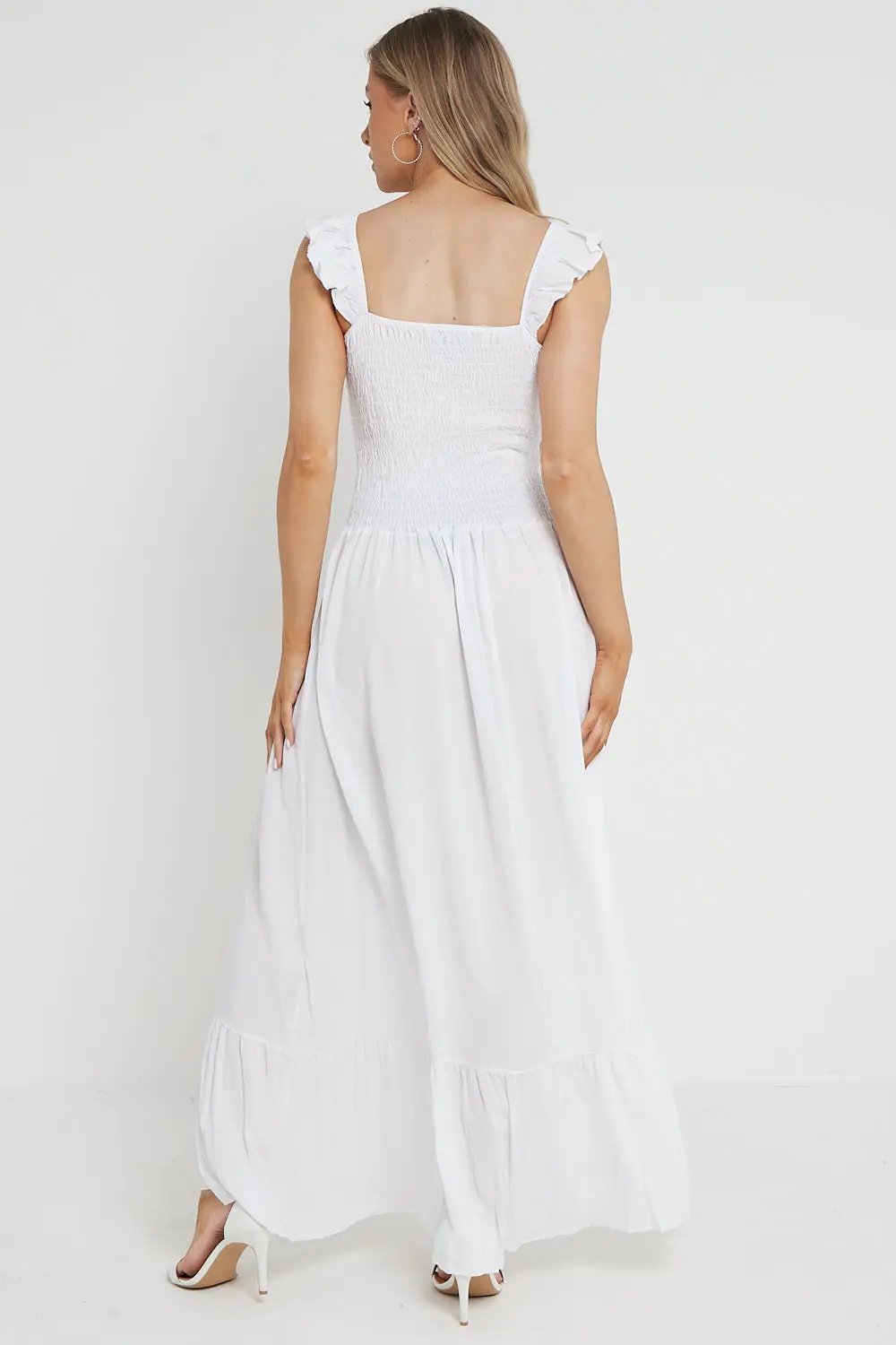White Shirred Maxi Dress With Frill by Aftershock London