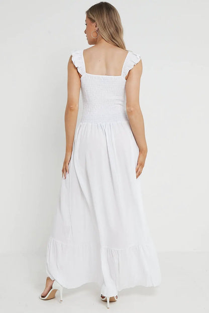 White Shirred Maxi Dress With Frill by Aftershock London