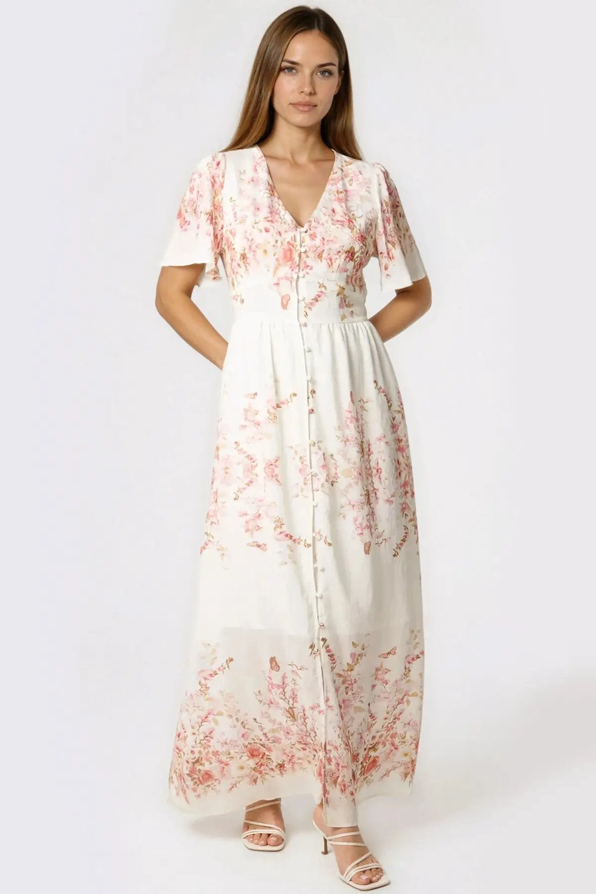 Pink Blossom Button Through Cotton Maxi Dress by Aftershock London