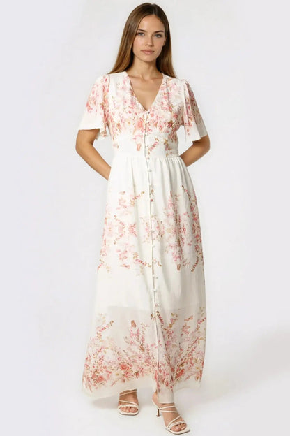 Pink Blossom Button Through Cotton Maxi Dress by Aftershock London