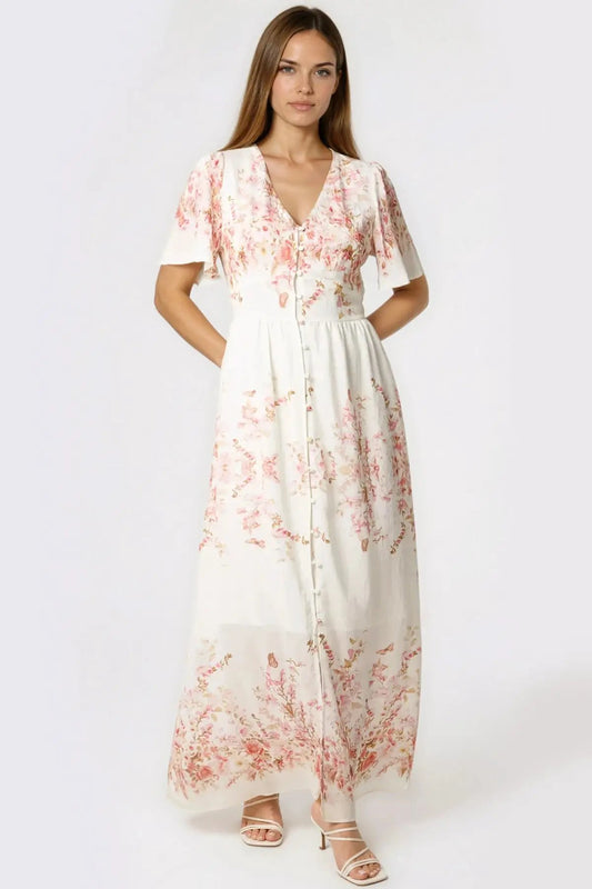 Pink Blossom Button Through Cotton Maxi Dress by Aftershock London