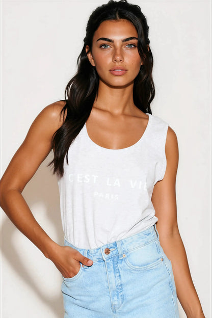 Silver Grey C'est La Vie Cotton Vest Top by Aftershock London
