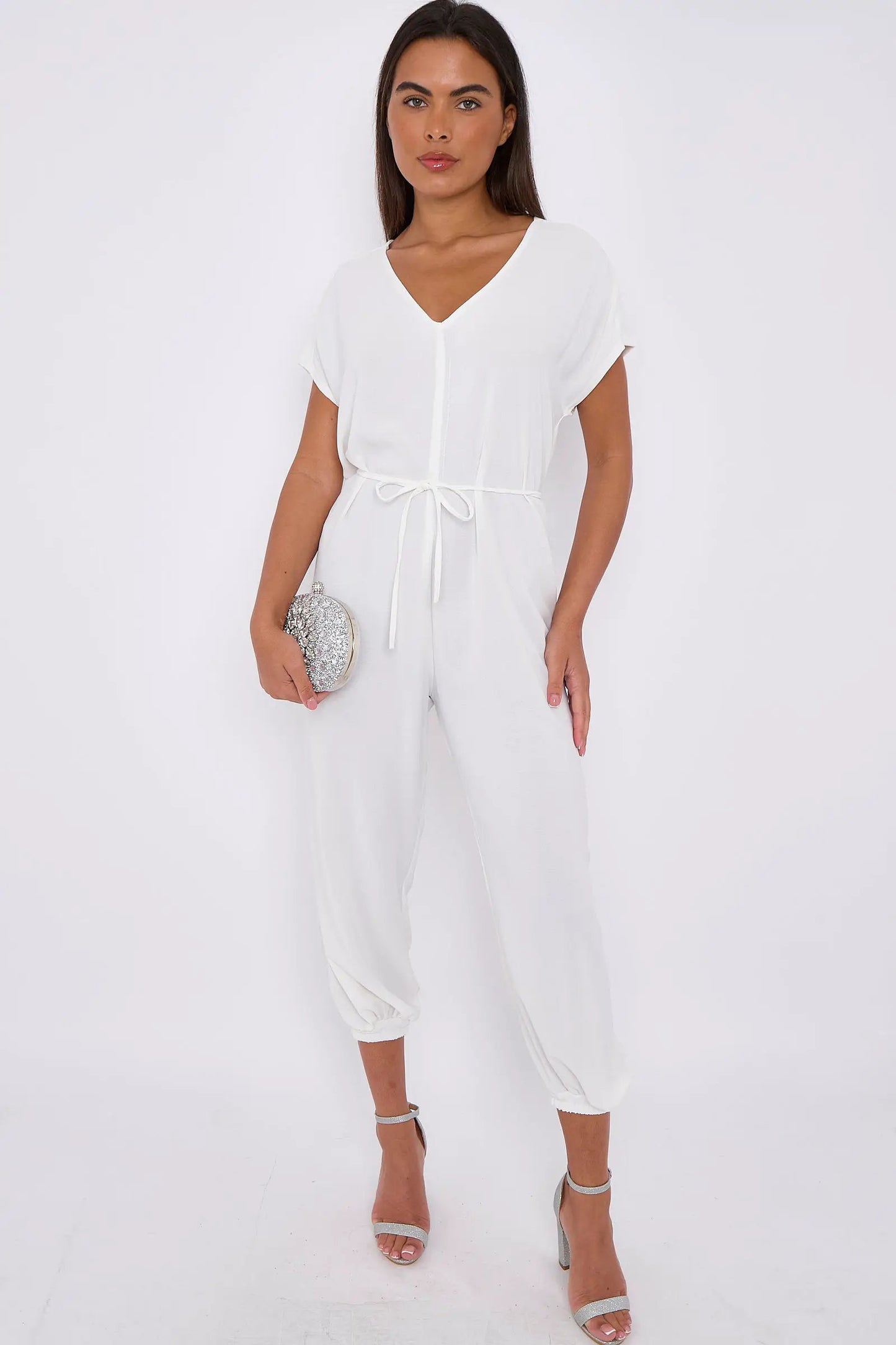 White V-Neck Belted Jumpsuit by Aftershock London