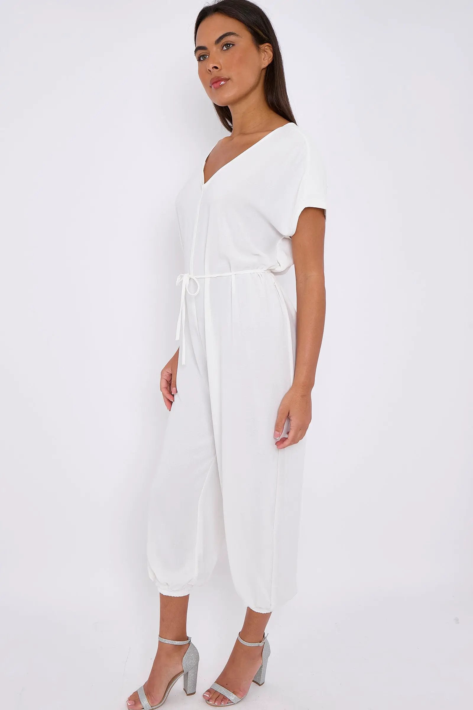 White V-Neck Belted Jumpsuit by Aftershock London