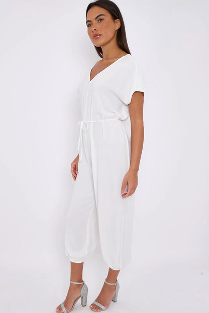 White V-Neck Belted Jumpsuit by Aftershock London