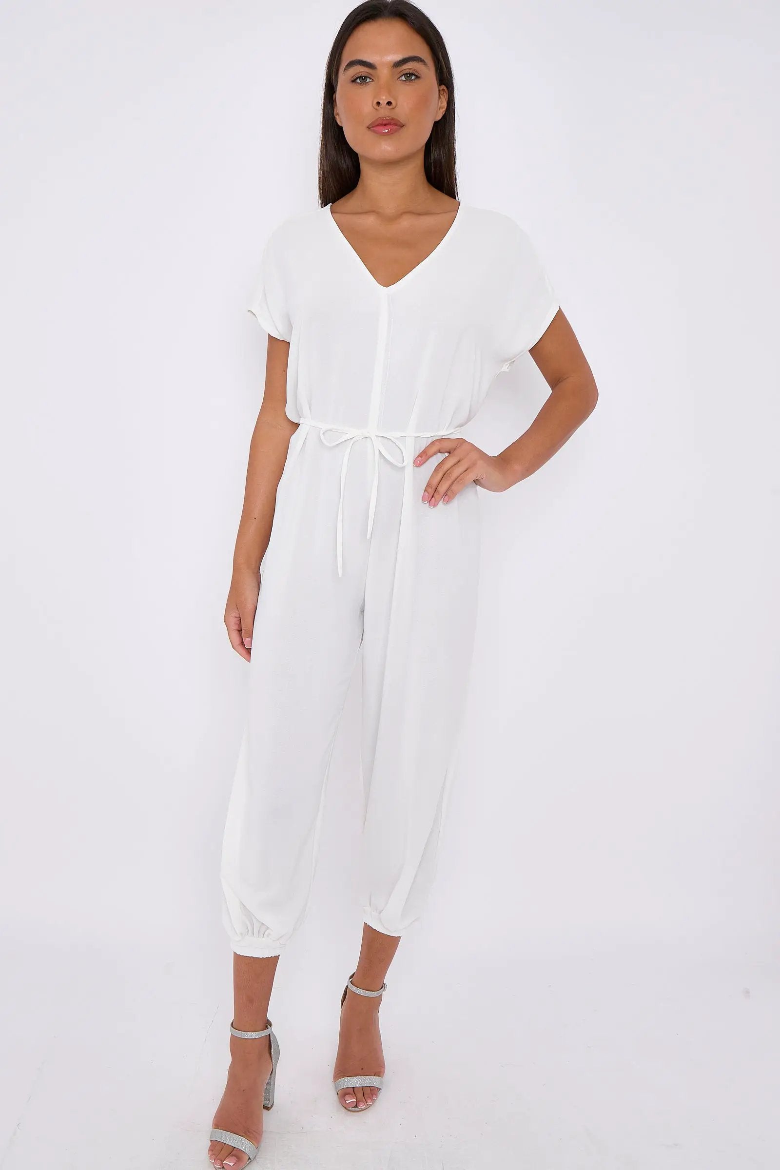 White V-Neck Belted Jumpsuit by Aftershock London