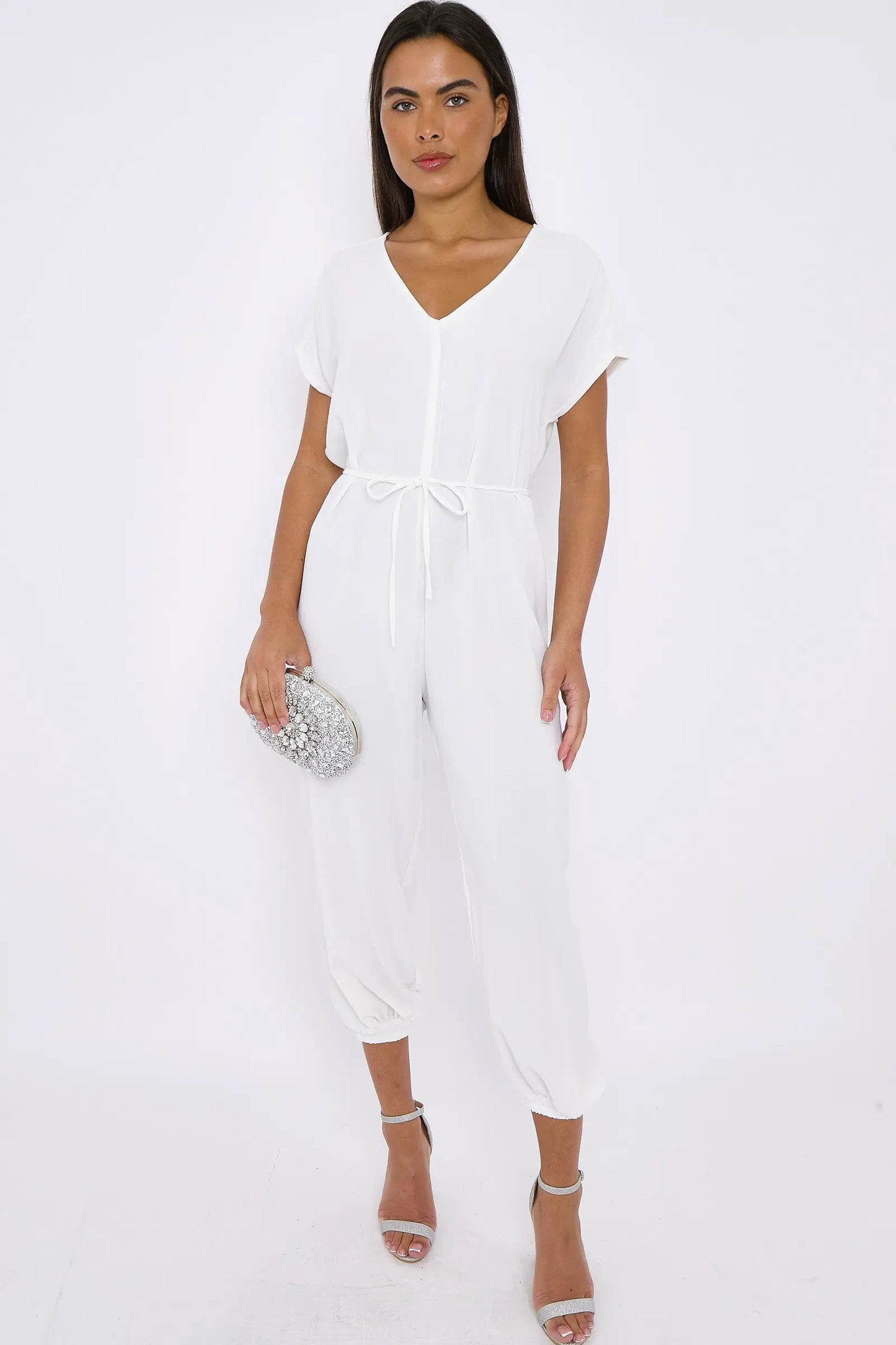 White V-Neck Belted Jumpsuit by Aftershock London
