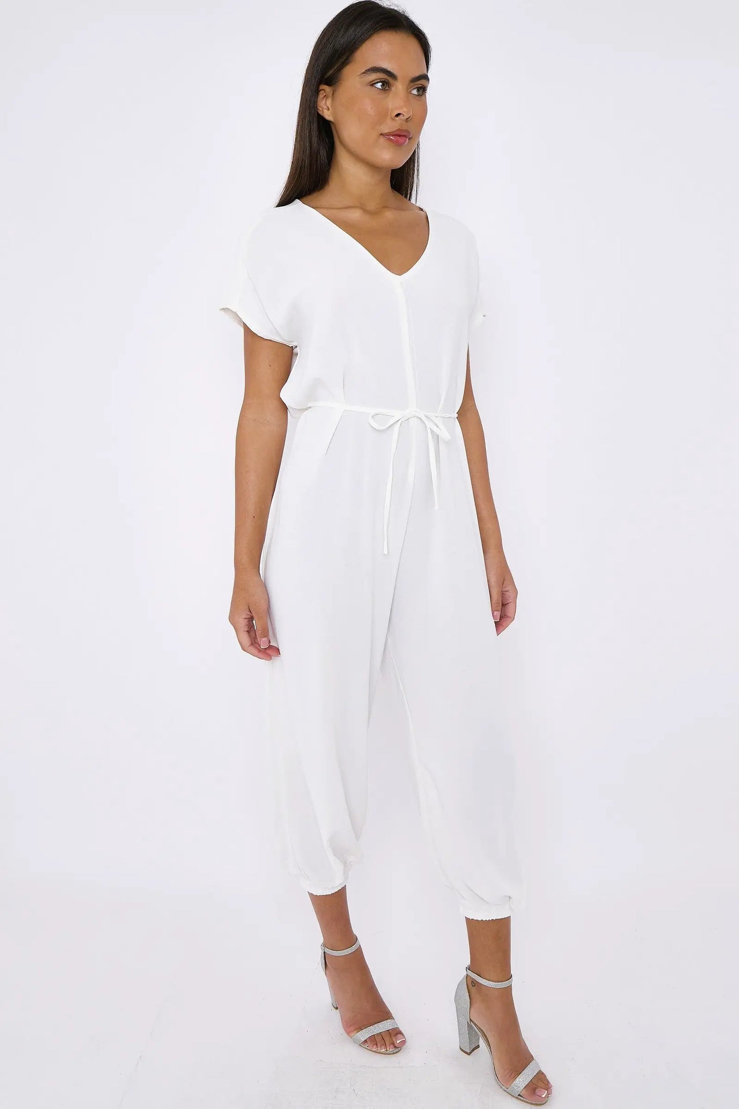 White V-Neck Belted Jumpsuit by Aftershock London