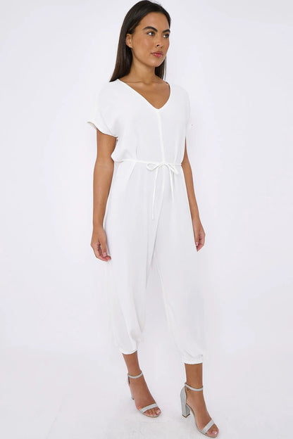 White V-Neck Belted Jumpsuit by Aftershock London