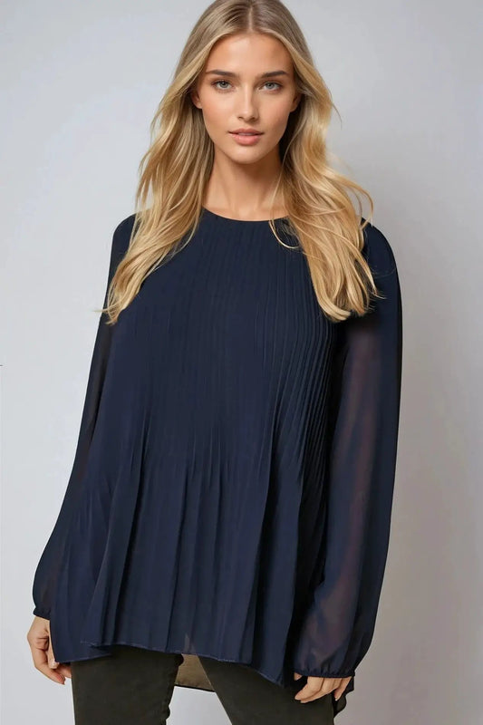 Navy Long Sleeve Pleated Blouse by Aftershock London