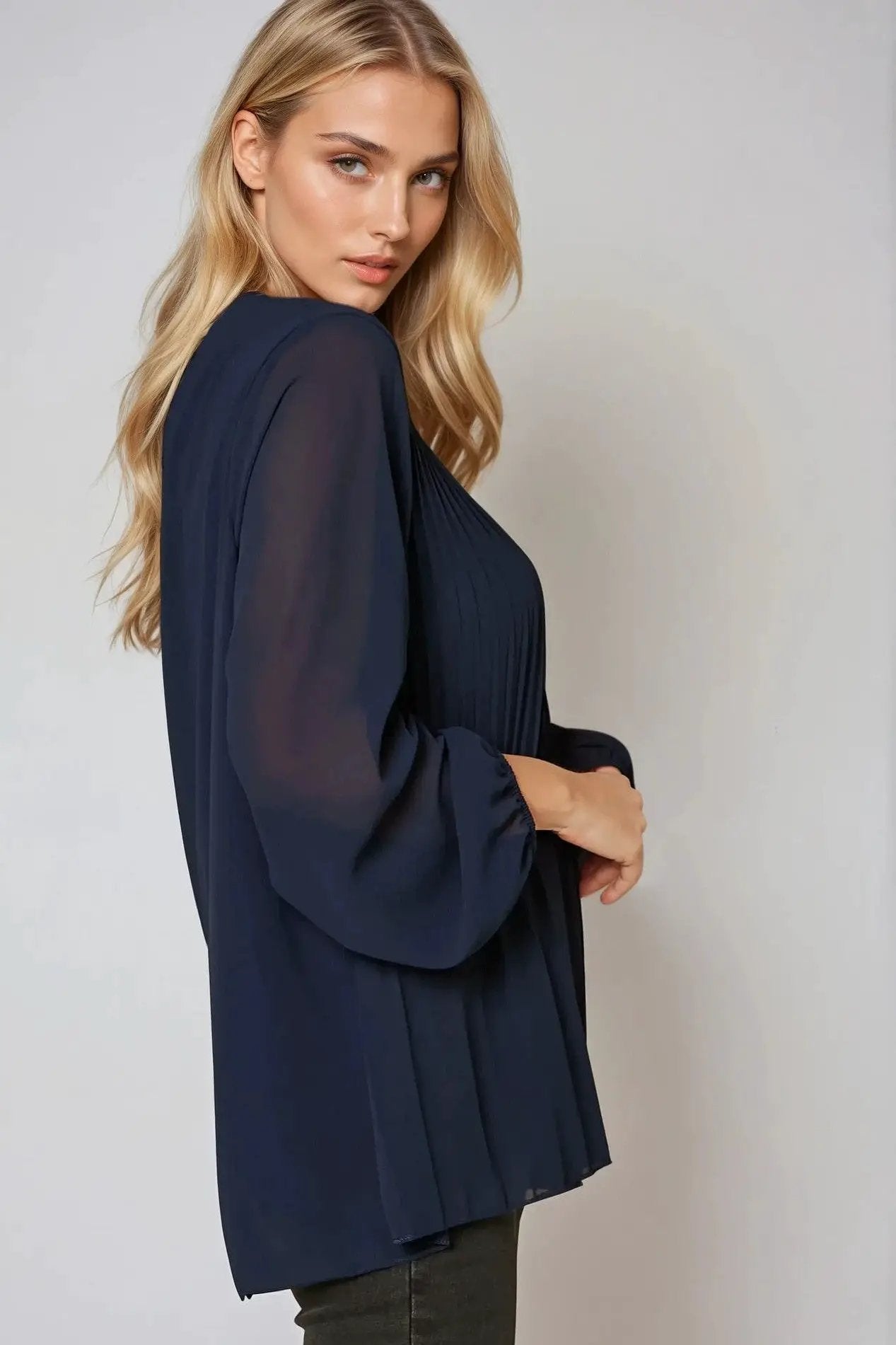 Navy Long Sleeve Pleated Blouse by Aftershock London