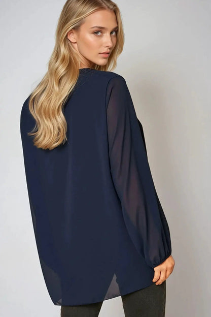 Navy Long Sleeve Pleated Blouse by Aftershock London