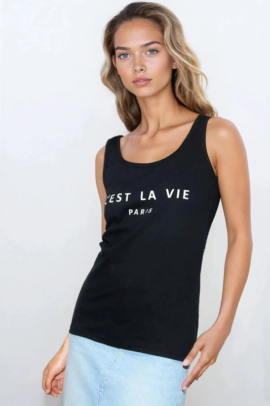 Black C'est La Vie Cotton Vest Top by Aftershock London