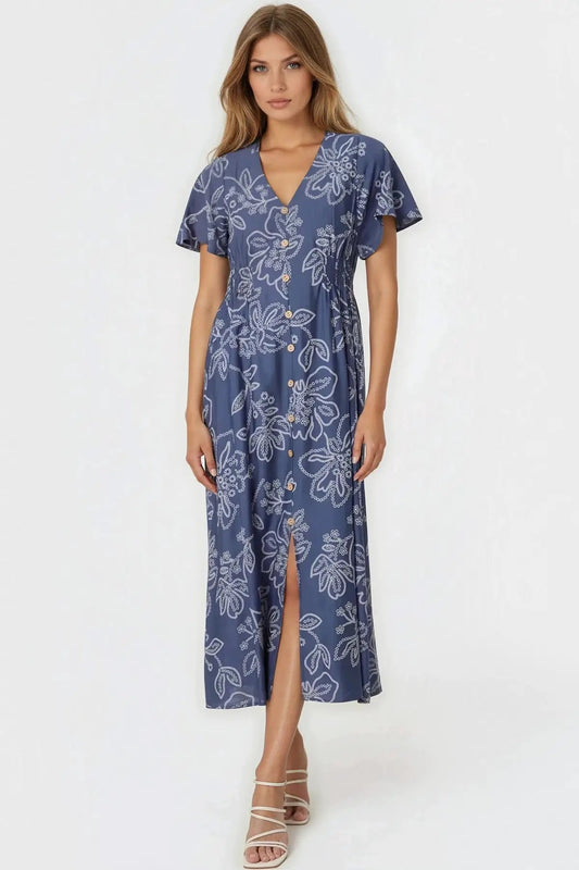 Denim Blue Floral Midi Dress by Aftershock London