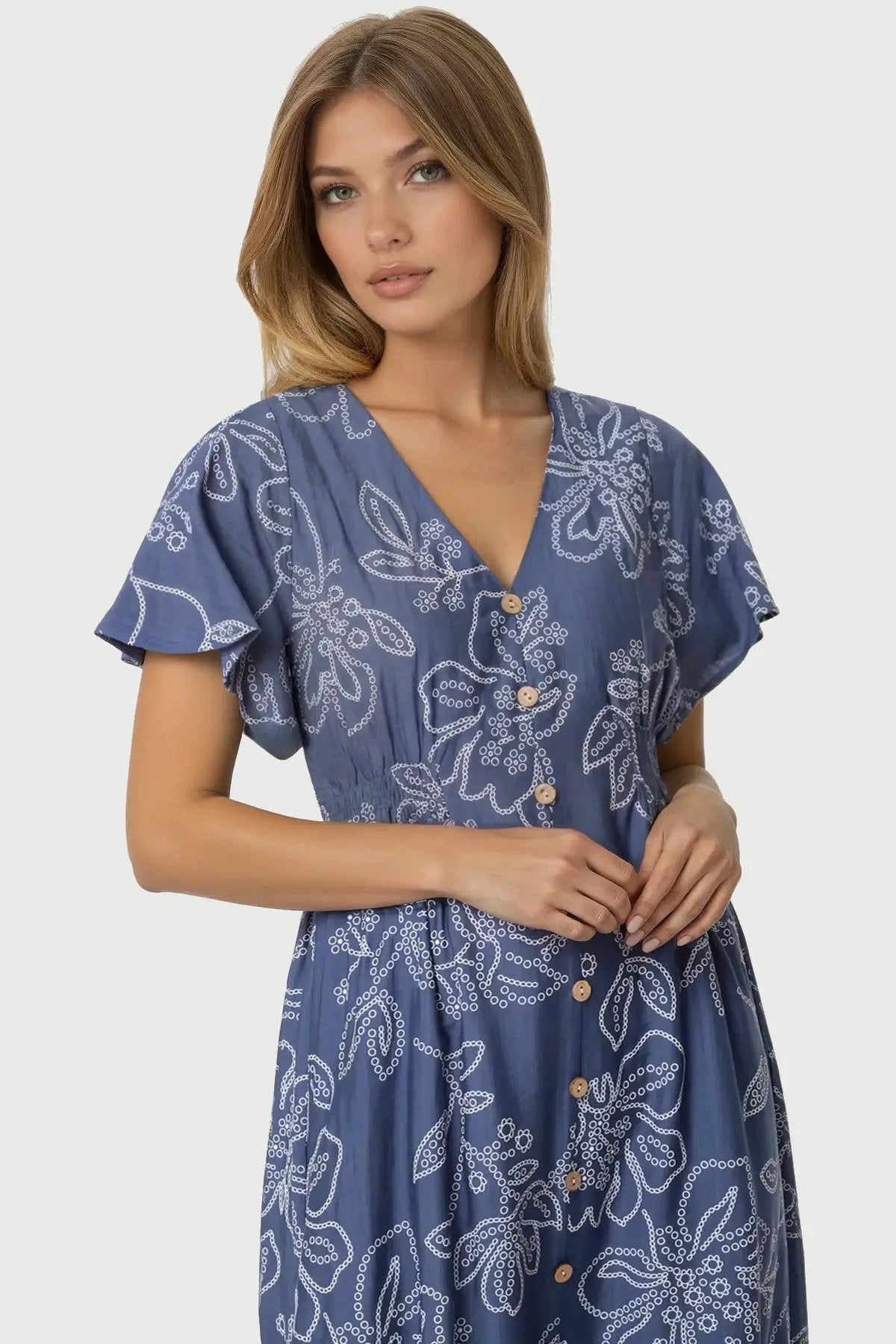 Denim Blue Floral Midi Dress by Aftershock London