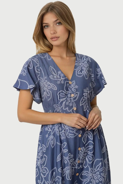 Denim Blue Floral Midi Dress by Aftershock London