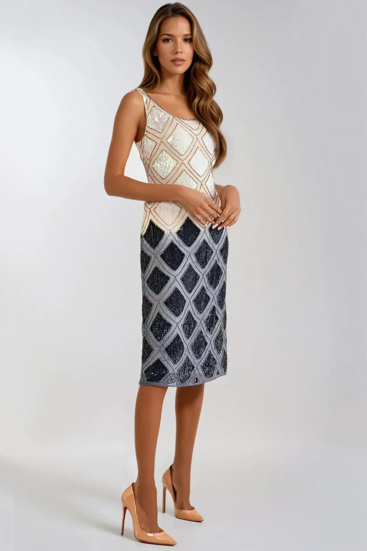 Navy Beige Sequin Diamond Pattern Midi Dress by Aftershock London