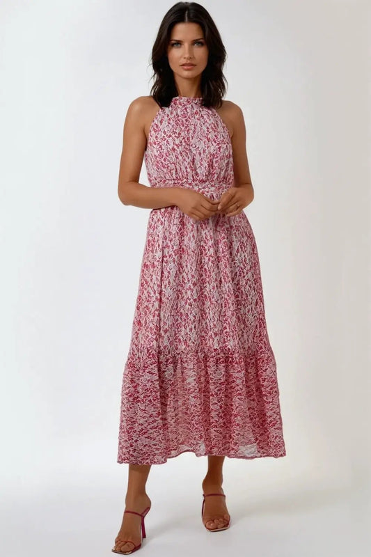 Pink Abstract Print Halterneck Maxi Dress by Aftershock London