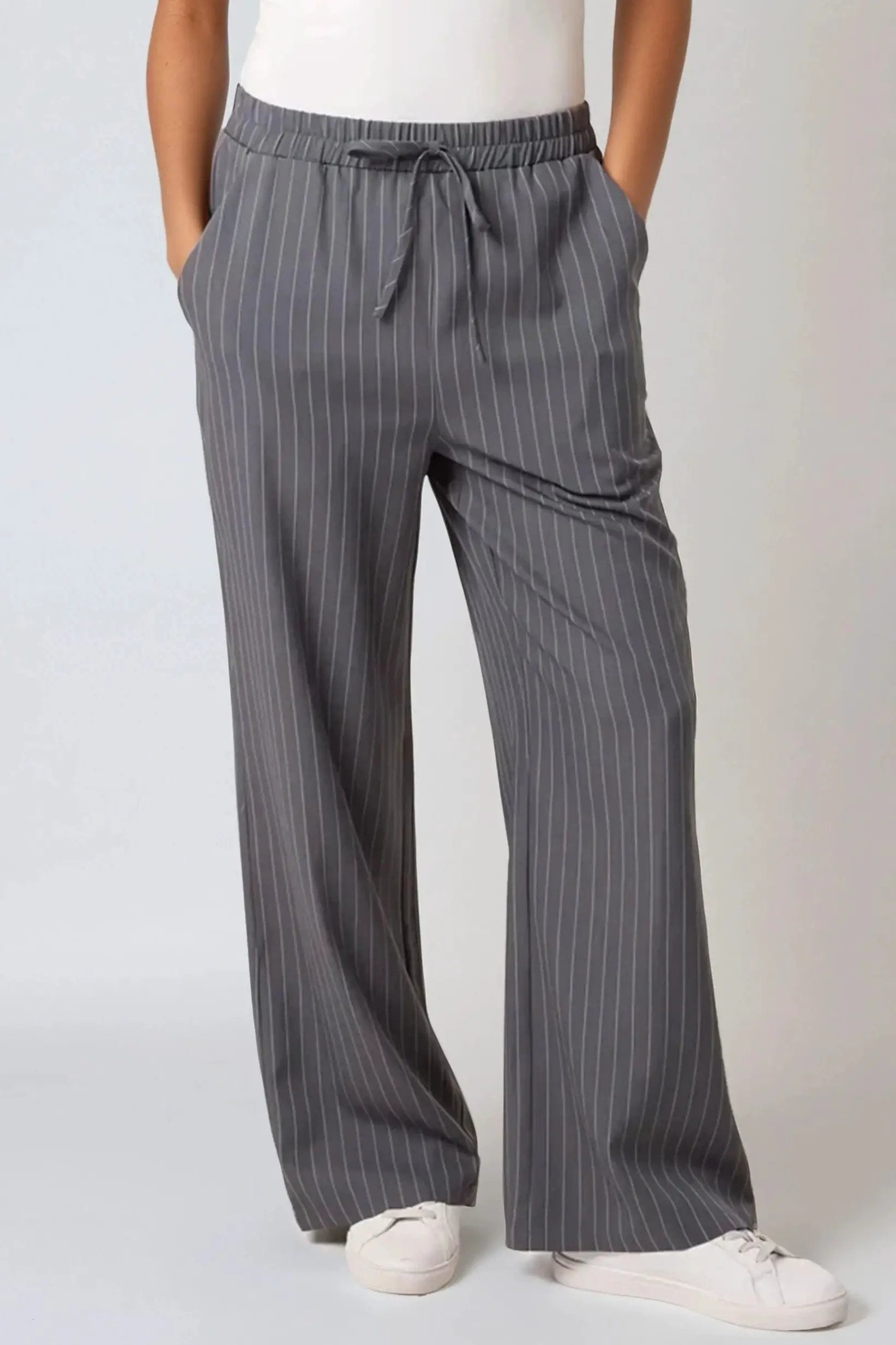 Charcoal Pinstripe Wide Leg Trousers by Aftershock London