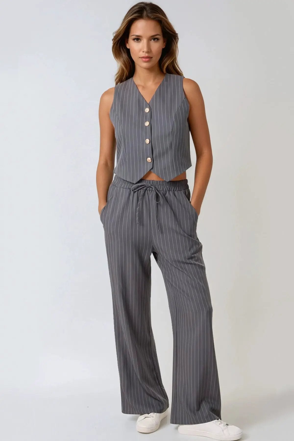 Charcoal Pinstripe Wide Leg Trousers by Aftershock London