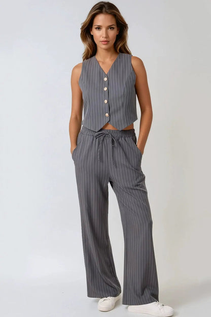 Charcoal Pinstripe Wide Leg Trousers by Aftershock London