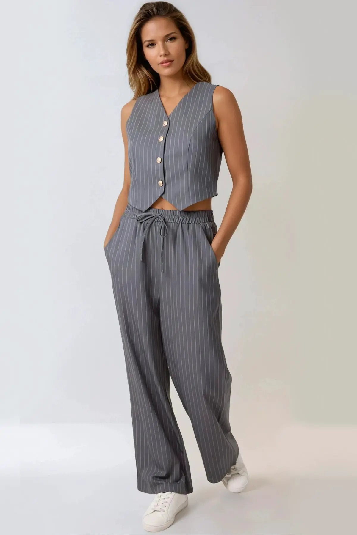 Charcoal Pinstripe Wide Leg Trousers by Aftershock London