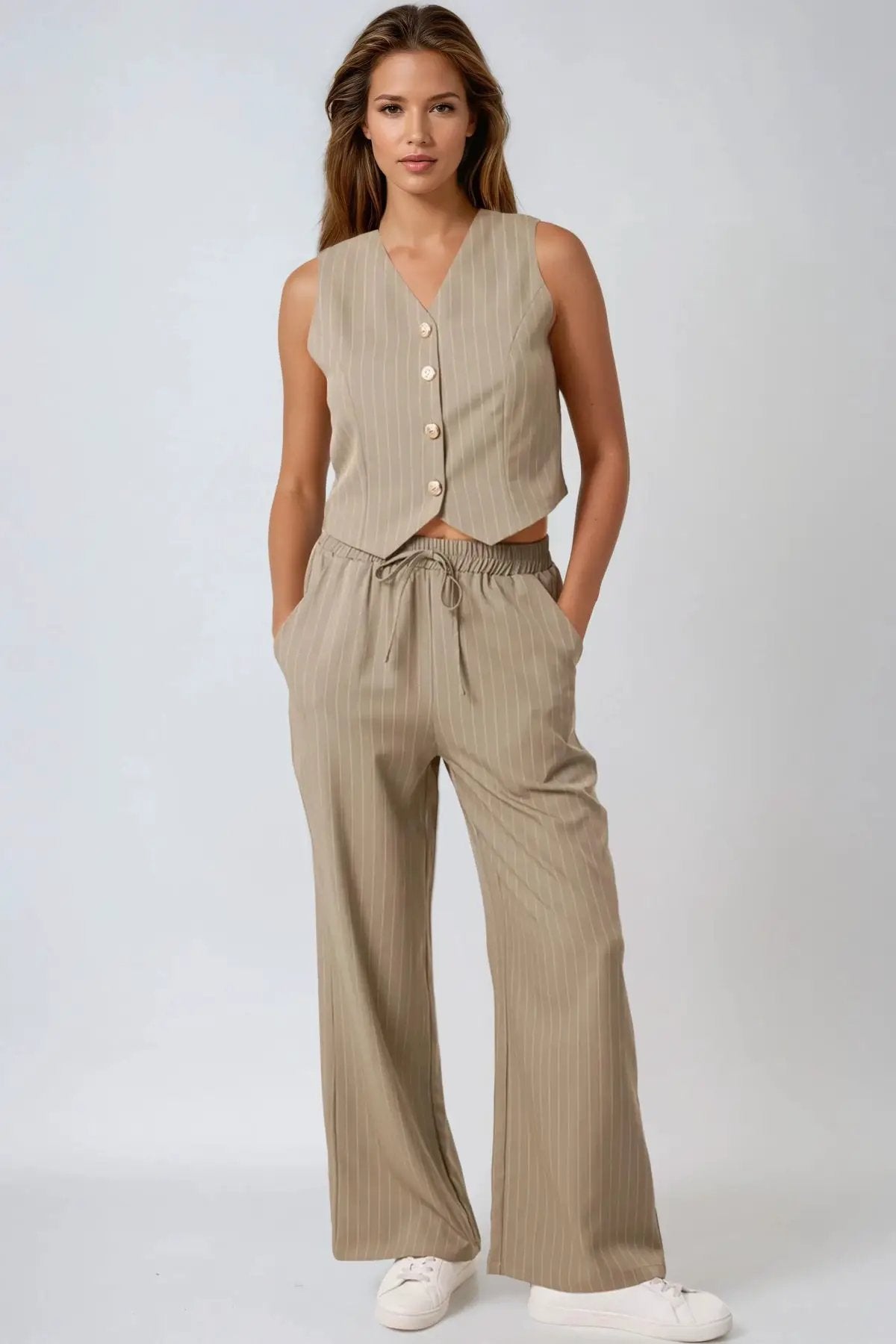 Khaki Pinstripe Wide Leg Trousers and Waistcoat Set by Aftershock London