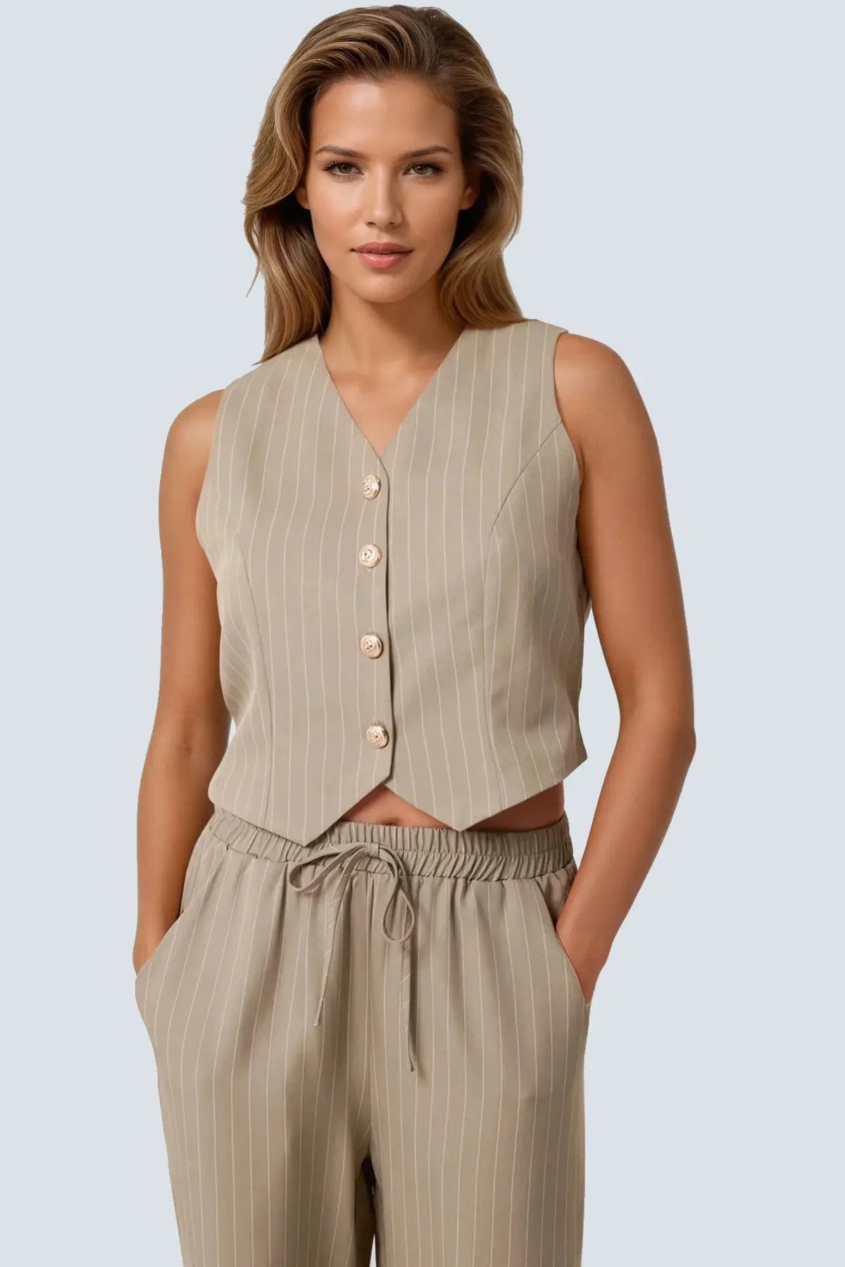 Khaki Pinstripe Wide Leg Trousers and Waistcoat Set by Aftershock London