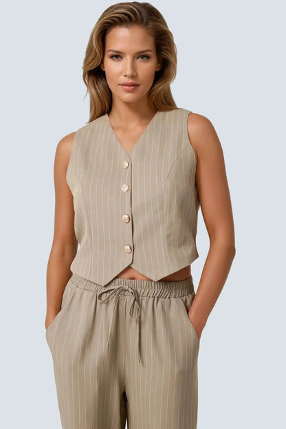 Khaki Pinstripe Wide Leg Trousers and Waistcoat Set by Aftershock London
