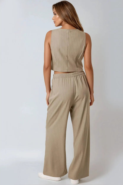 Khaki Pinstripe Wide Leg Trousers and Waistcoat Set by Aftershock London