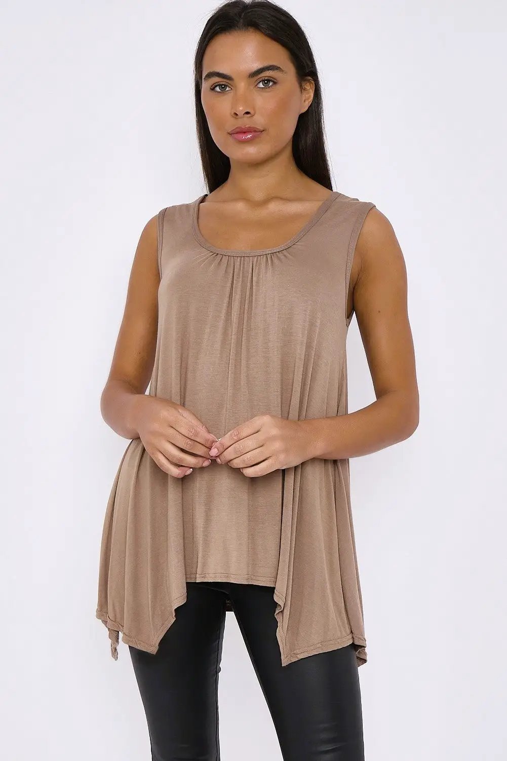 Mocha Sleeveless Top With Asymmetric Hem by Aftershock London