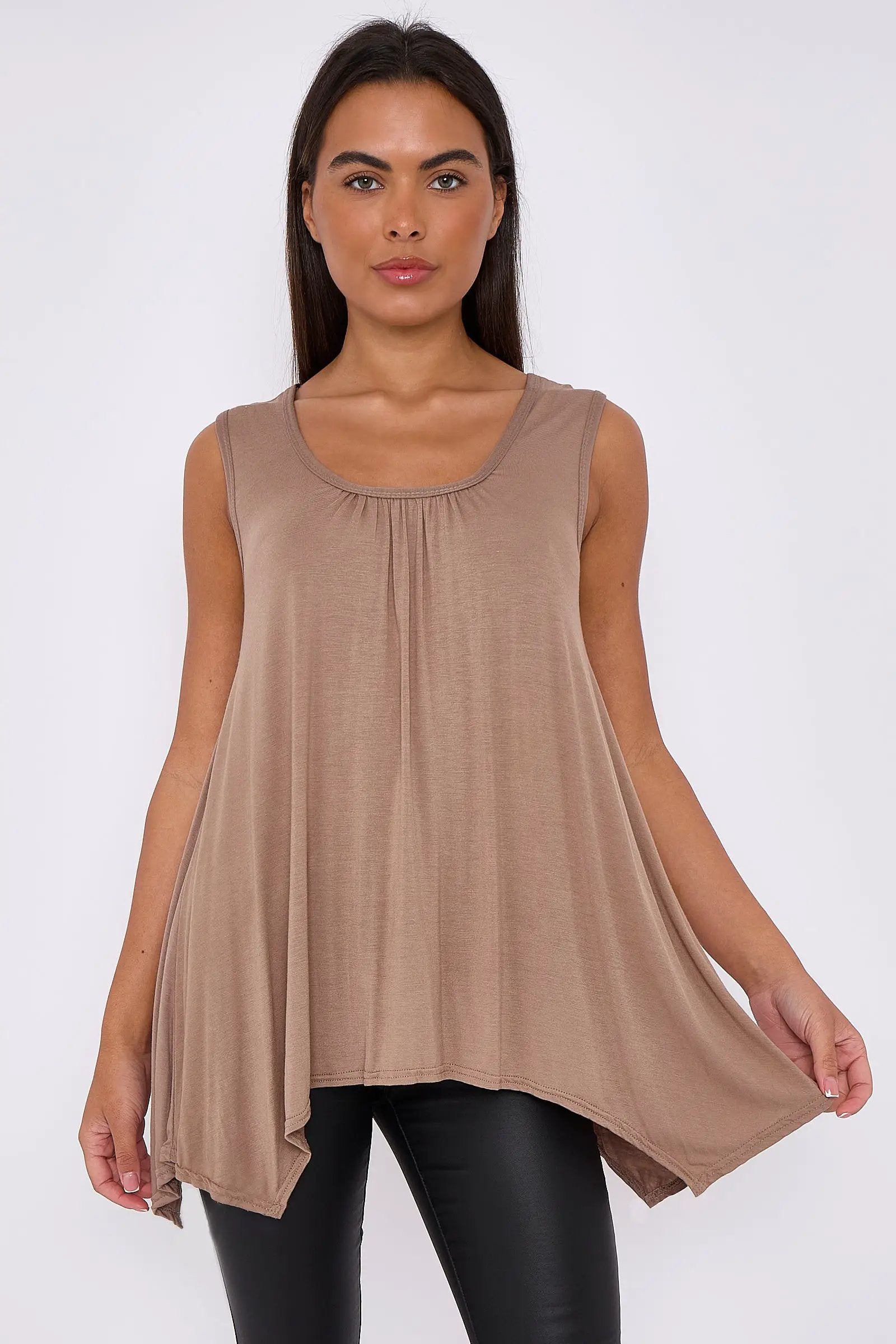 Mocha Sleeveless Top With Asymmetric Hem by Aftershock London