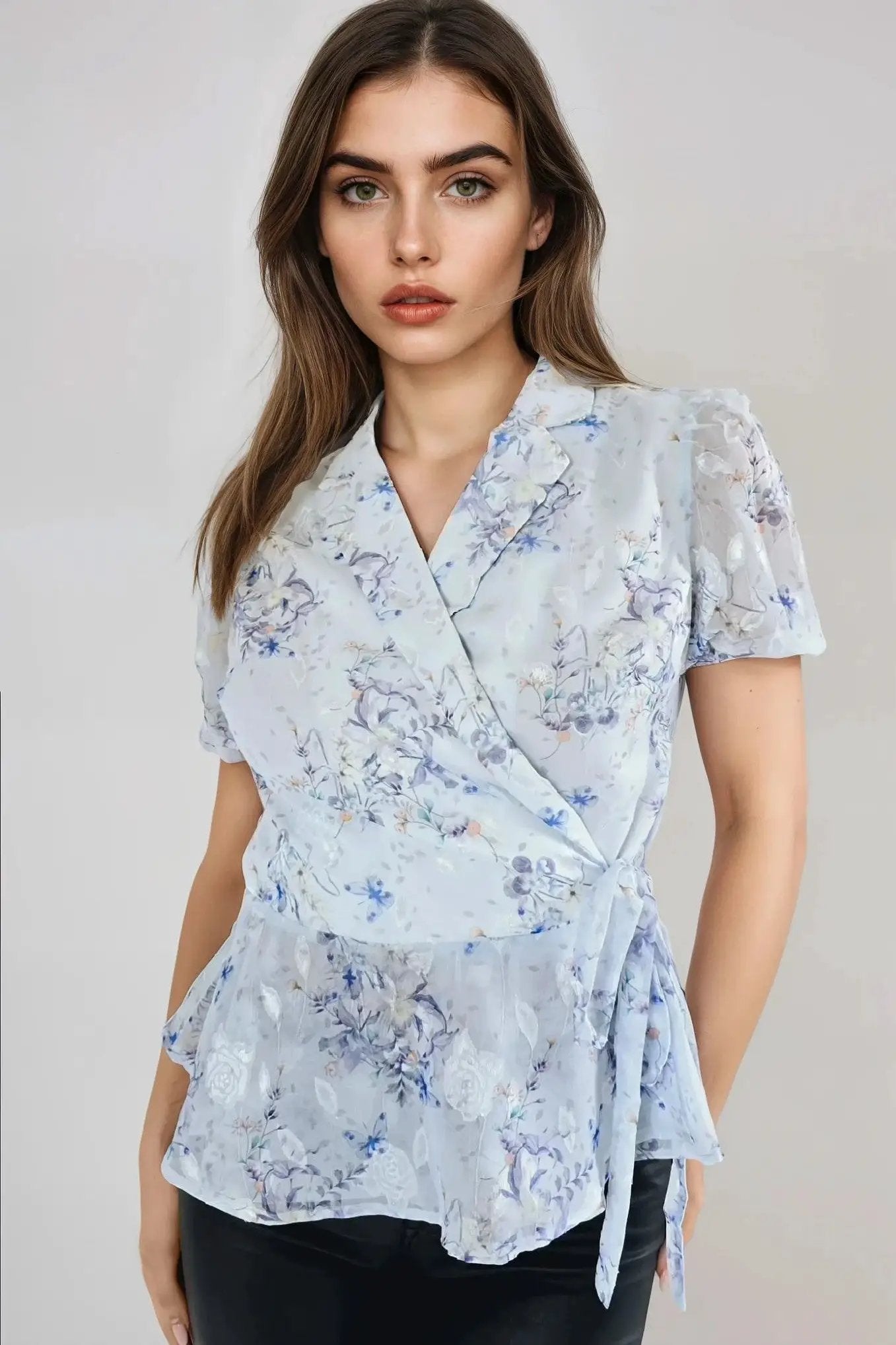 Blue Floral Wrap Blouse with Short Balloon Sleeves by Aftershock London