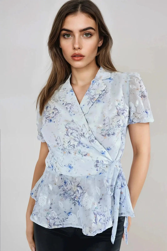 Blue Floral Wrap Blouse with Short Balloon Sleeves by Aftershock London