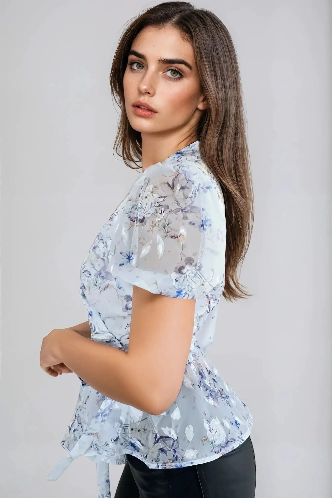 Blue Floral Wrap Blouse with Short Balloon Sleeves by Aftershock London