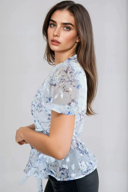Blue Floral Wrap Blouse with Short Balloon Sleeves by Aftershock London
