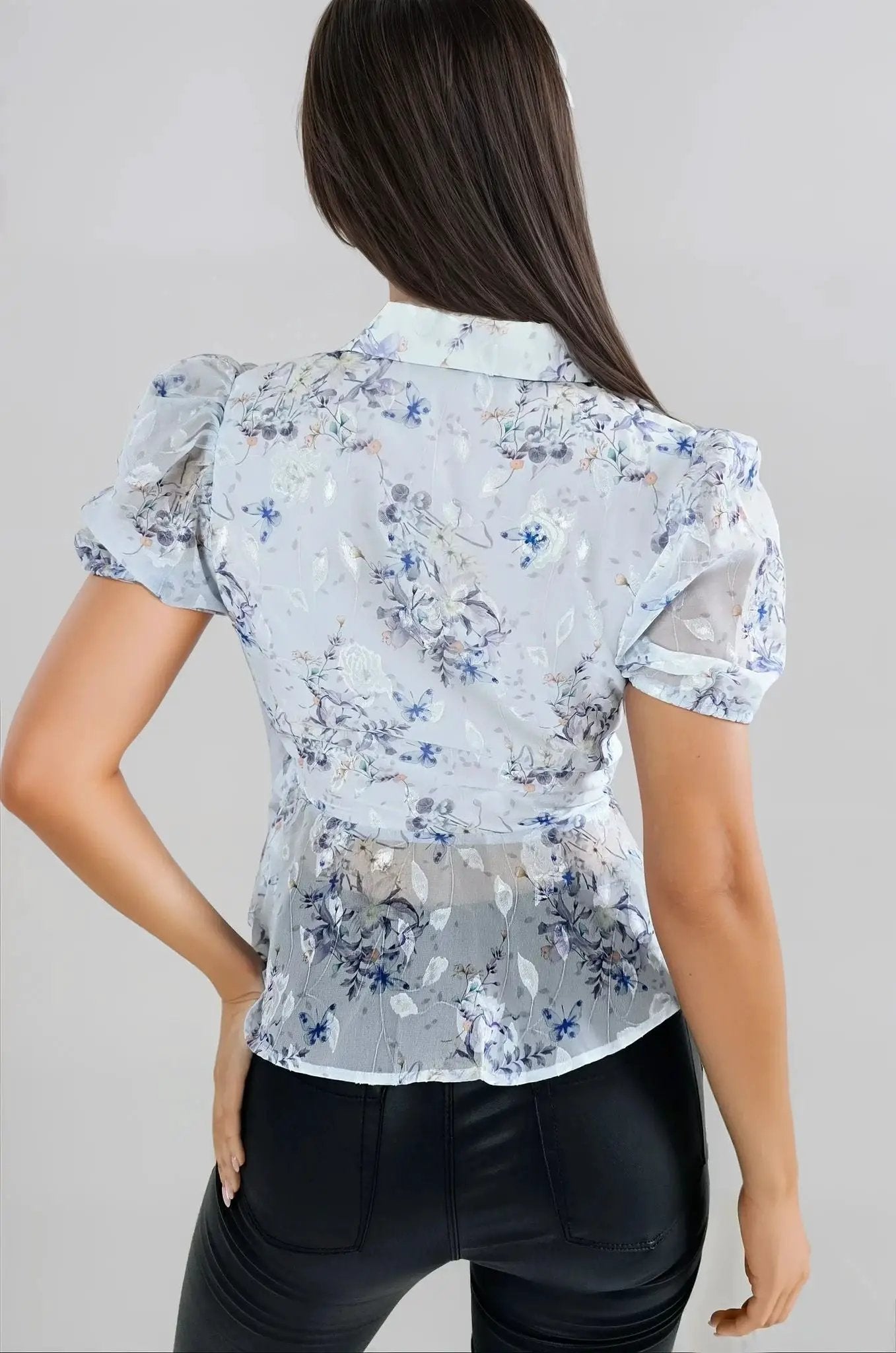 Blue Floral Wrap Blouse with Short Balloon Sleeves by Aftershock London