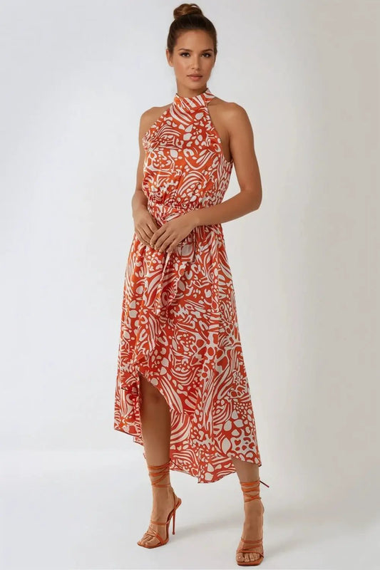 Orange Floral Halterneck Wrap Midi Dress by Aftershock London