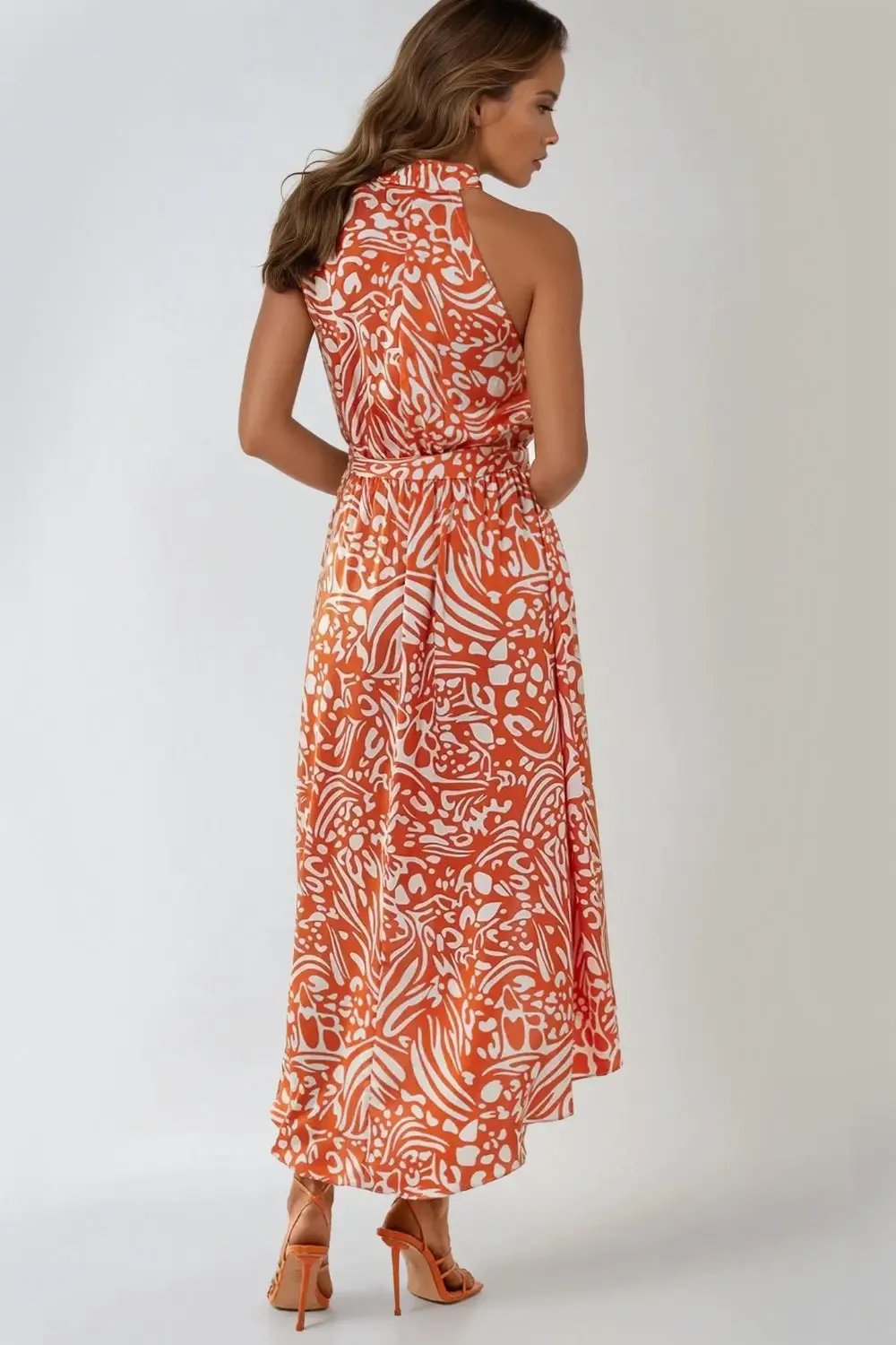 Orange Floral Halterneck Wrap Midi Dress by Aftershock London