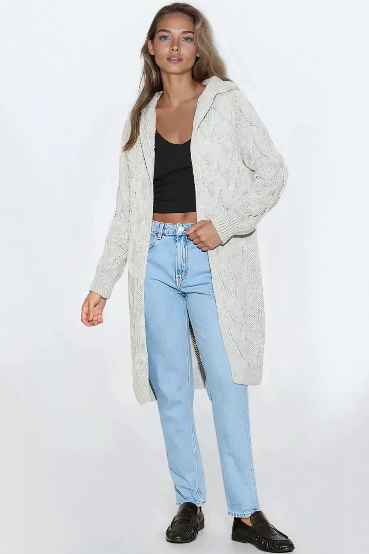 Silver Grey Hooded Cable Knitted Longline Cardigan by Aftershock London